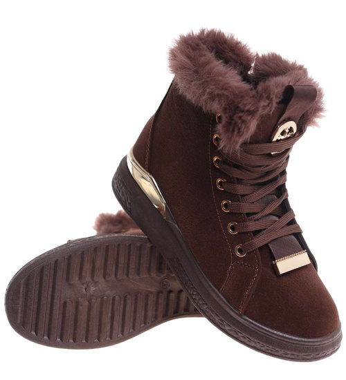 Czekoladowe zimowe trampki z kożuszkiem  /G11-3 18496 T7/