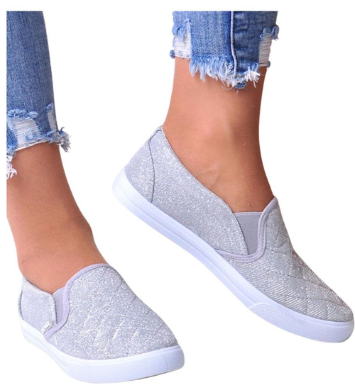 Materiałowe srebrne tenisówki slip on /G7-1 13343 T195/