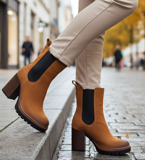 Karmelowe zimowe botki na słupku /L3-2 18592 G288/