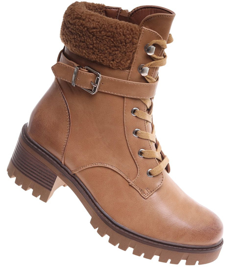 Karmelowe ocieplane botki damskie /F9-3 18180 T432/