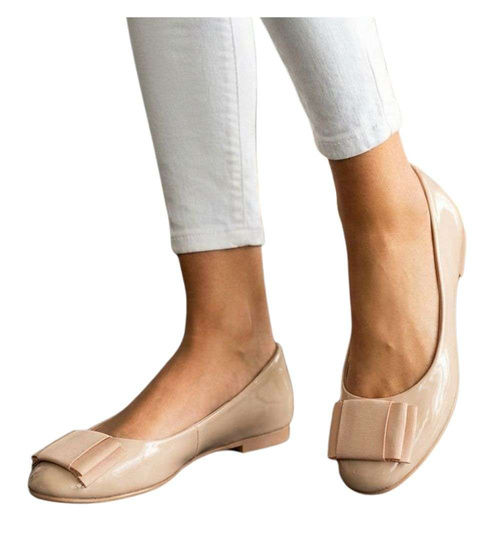 Beżowe baleriny damskie z kokardką /C3-2 13433 T290/