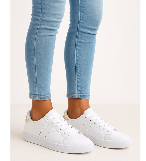 Białe damskie trampki ze złotymi dodatkami /A3-3 16248 T293/