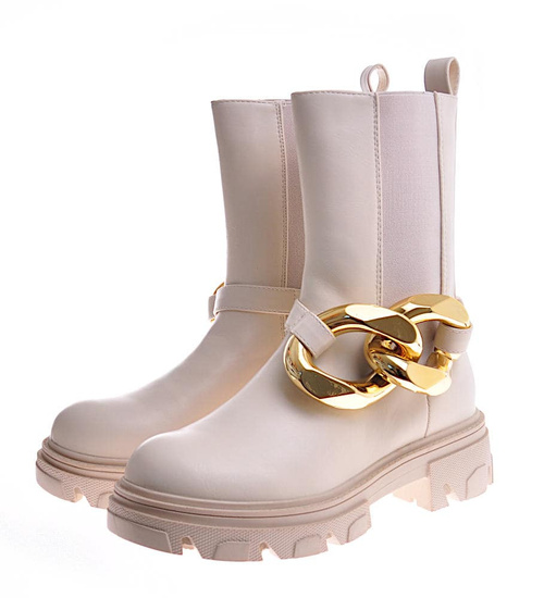 Beżowe botki sztyblety z łańcuchem /A3-3 12254 S798/