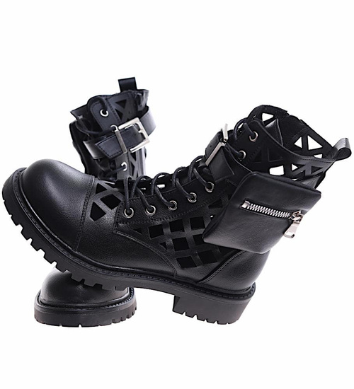 Czarne ażurowe botki trapery /B2-1 16714 G381/