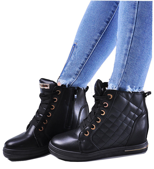 Czarne klasyczne sneakersy damskie na koturnie /E9-2 12825 T699/