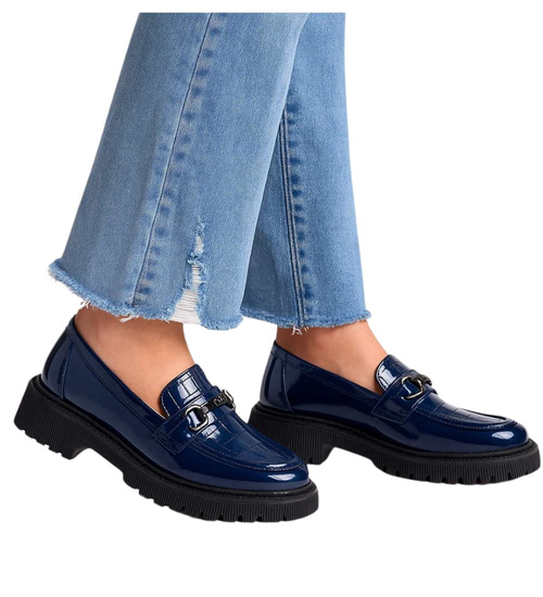 Granatowe półbuty loafersy na platformie /G1-3 15445 T284/