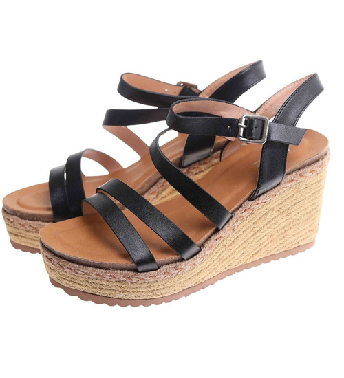 Sandały damskie na koturnie i platformie Czarne espadryle /C4-3 17832 G281/