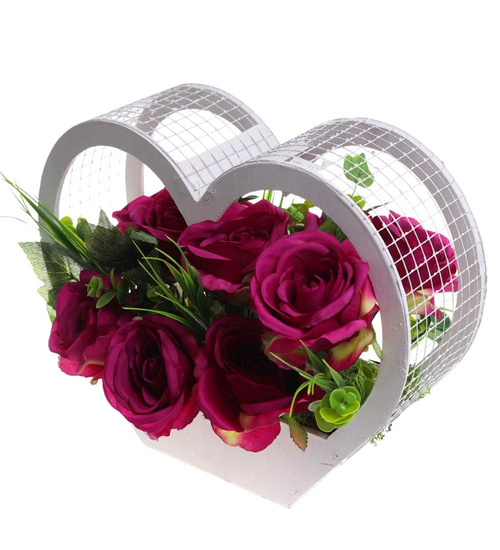 Kompozycja kwiatowa- fioletowe róże w dużym białym sercu /Komp111 P424/