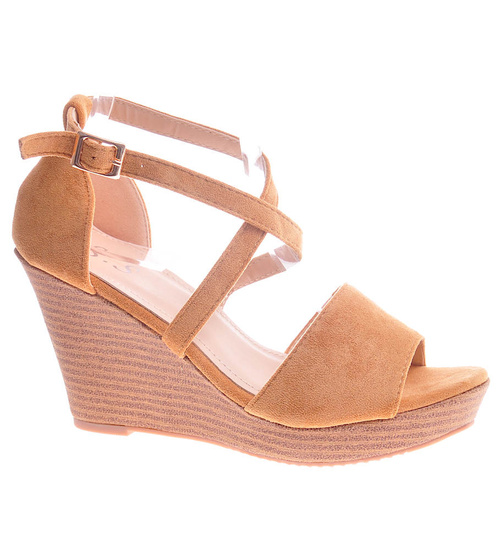 Karmelowe sandały na koturnie i platformie /G9-3 11998 T200/