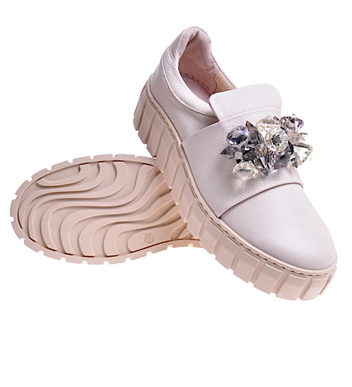 Beżowe skórzane damskie trampki creepersy /F8-2 11728 N0200/