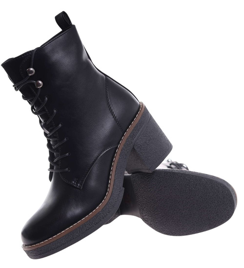 Sznurowane botki workery na obcasie Czarne /i6-3 h2 18406 W385/