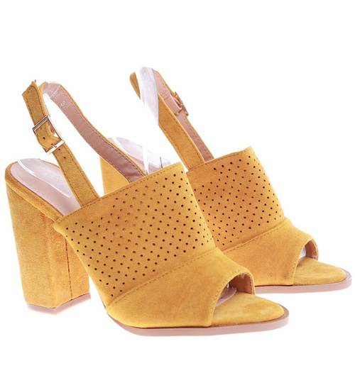 Ażurowe żółte sandały na słupku /E8-3 16126 T242/