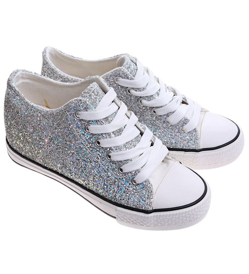 Srebrne trampki sneakersy na niskim koturnie /J4-2 16611 T094/