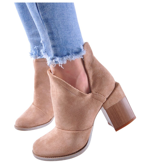 Botki damskie na szerokim słupku Khaki /D1-2 +H2 7050 T198/