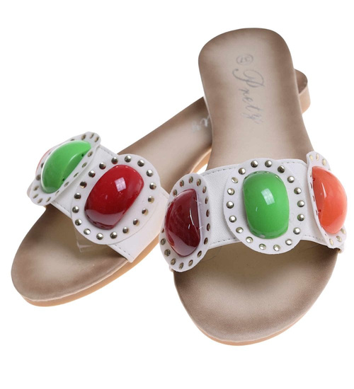 Białe damskie klapki płaskie /G8-1 11719 T097/