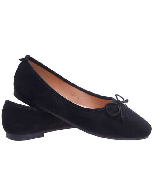 Zamszowe baleriny damskie z kokardą Czarne /G7-2 17560 G133/