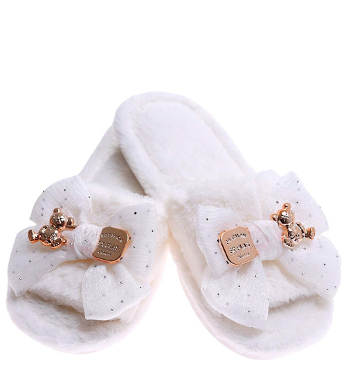 Pluszowe białe kapcie damskie z kokardą otwarte /B3-1 16967 T281/