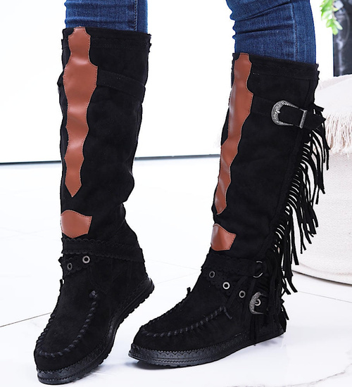 Czarne kozaki boho na ukrytym koturnie /B6-1 14854 T331/