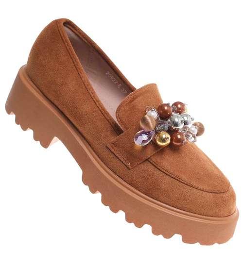 Karmelowe półbuty loafersy na platformie z kamieniami /B6-2 18484 T203/