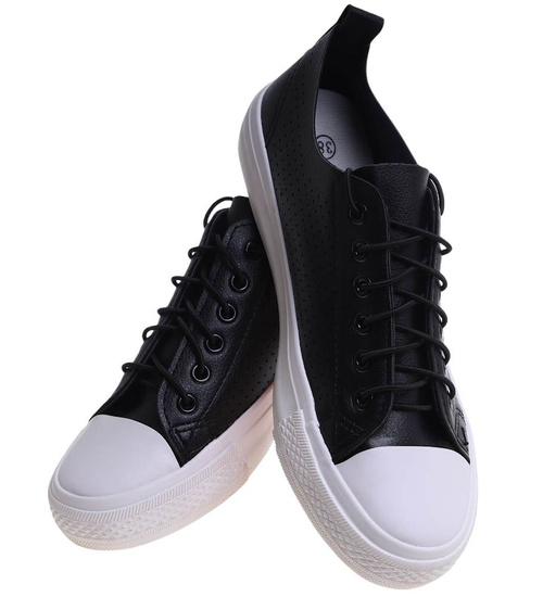 Sznurowane ażurowe czarne trampki damskie /C7-3 12312 S191/