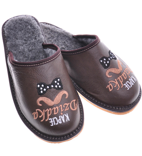 Kapcie Dziadka- skórzane klapki na prezent Ciemny Brąz /E1-1 13086 S18-45/