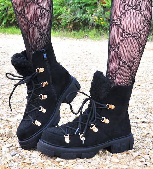 Wysokie botki sztyblety z obszytym kożuszkiem Czarne /G7-3 12599 T916/