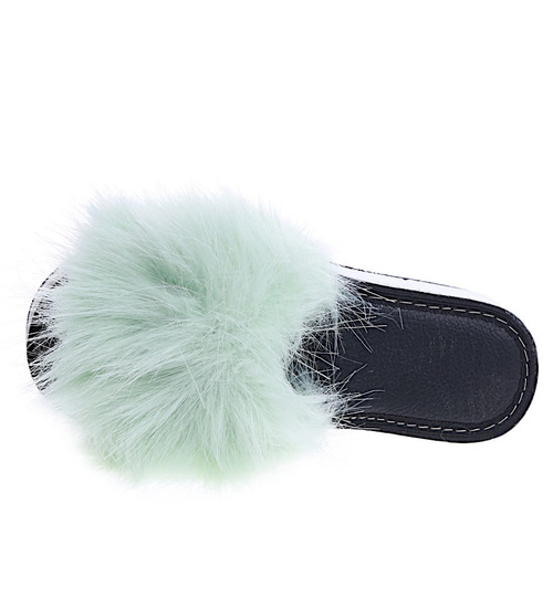 Jasno miętowe klapki z efektownym futerkiem //G12-1 14683 T232/