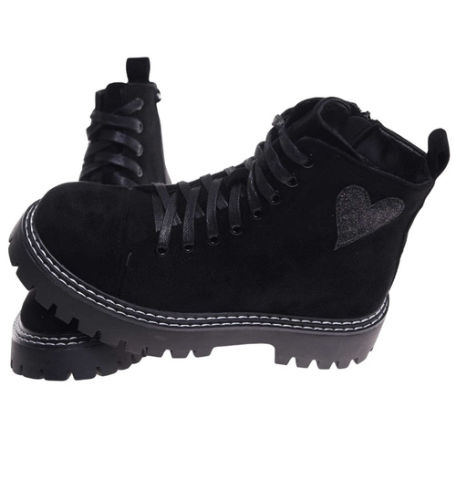 Czarne sznurowane botki trapery na platformie /F7-2 18247 W437/