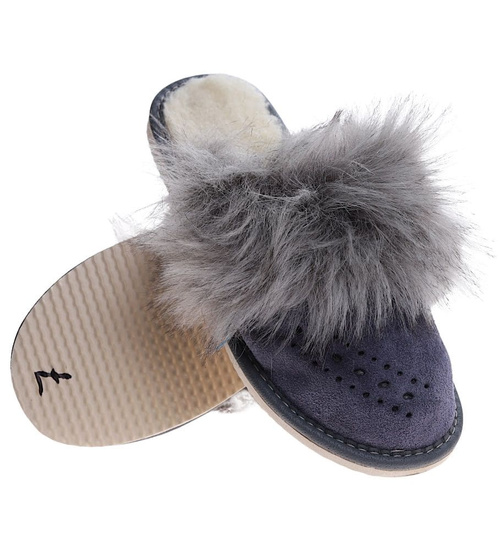 Skórzane ocieplane kapcie damskie Granatowe /C1-1 9942 S197/