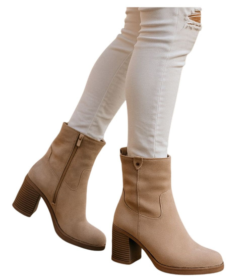 Beżowe eleganckie botki na grubym obcasie /F3-3 18283 W486/