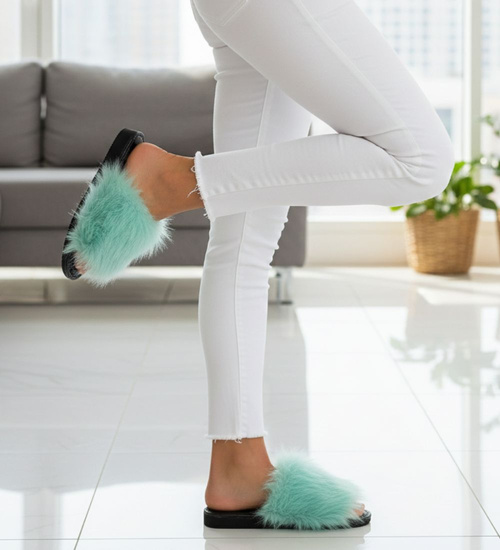 Miętowe klapki z efektownym futerkiem //D6-1 14682 T232/