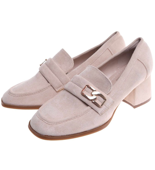 Beżowe czółenka na grubym obcasie /E4-3 18234 W202/