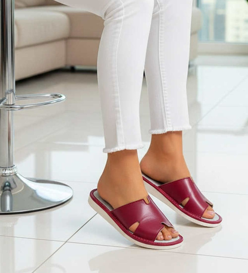 Skórzane domowe klapki kapcie bordowe /F10-1 14240 S194/