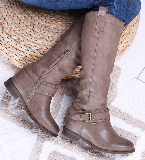 Ocieplane kozaki damskie na niskim koturnie Khaki /C5-2 15268 T522/