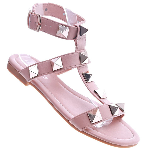 Różowe płaskie sandały damskie z piramidkami /A10-3 13551 T191/