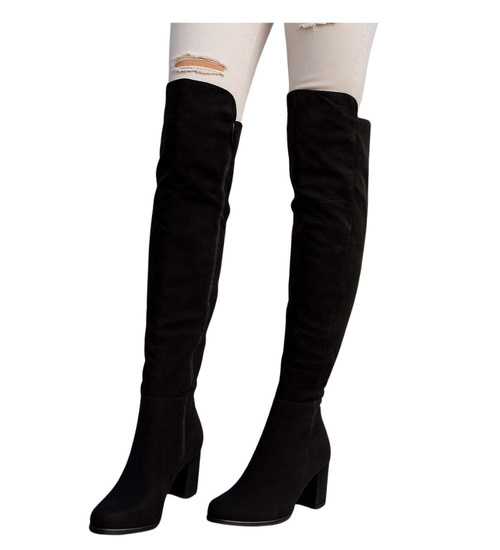 Czarne ocieplane kozaki muszkieterki na obcasie /B3-2 18435 T6/