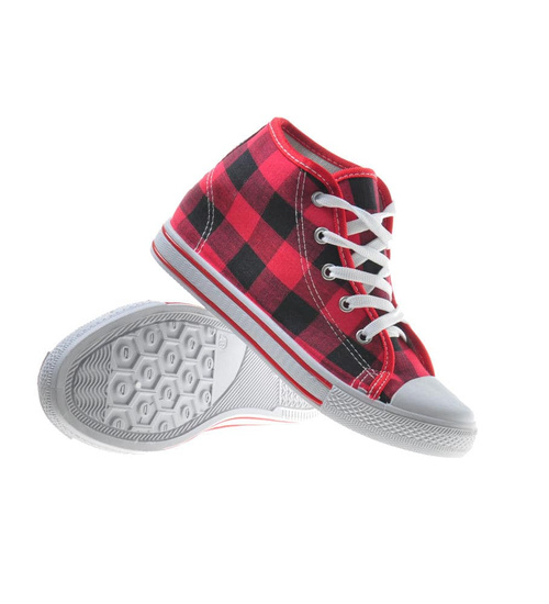 Wysokie damskie trampki z tkaniny w kratkę CZERWONE /C5-3 7629 S097/