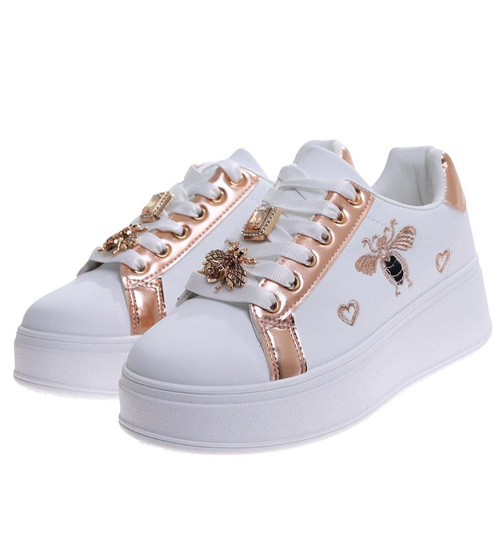 Białe sznurowane damskie trampki na platformie /B6-2 16909 T537/