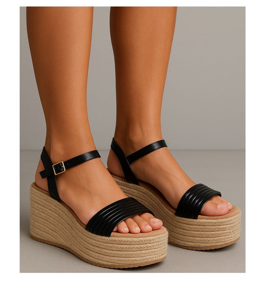 Sandały damskie na koturnie i platformie Czarne espadryle /G9-3 17904 G187/