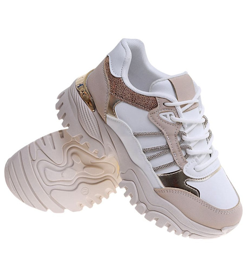 Sznurowane biało beżowe buty sportowe na platformie /G8-2 16805 T683/