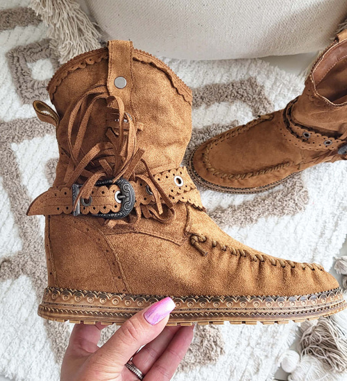 Camelowe botki boho na ukrytym koturnie /C4-1 14654 T239/