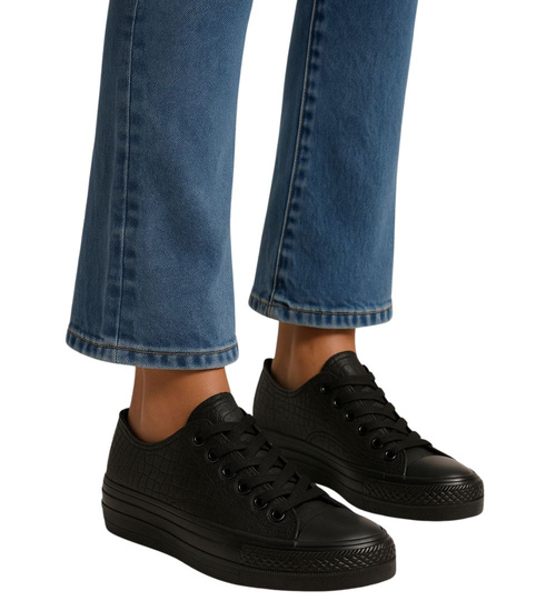 Czarne sznurowane damskie trampki na platformie /F9-2 16373 G167/