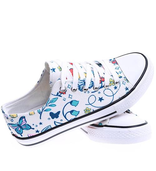 Białe sznurowane damskie trampki z kolorowym printem /D7-2 15604 T266/