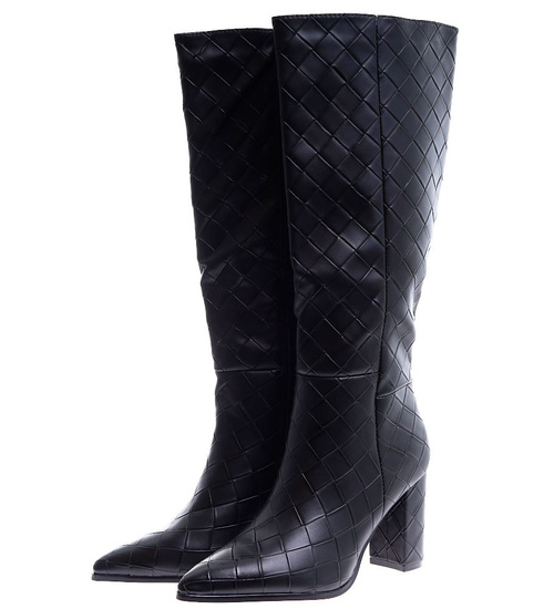 Czarne lekko ocieplone kozaki na słupku /D5-1 15183 T389/