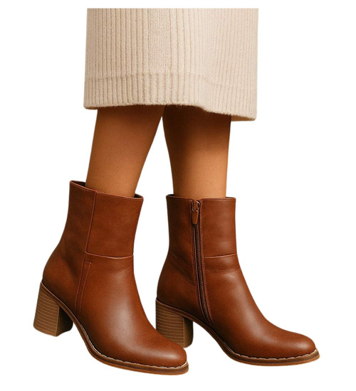 Karmelowe botki damskie na obcasie /i4-3 h2 18378 W381/