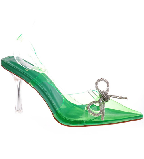 Transparentne zielone szpilki z kokardą /F7-2 12143 T797/