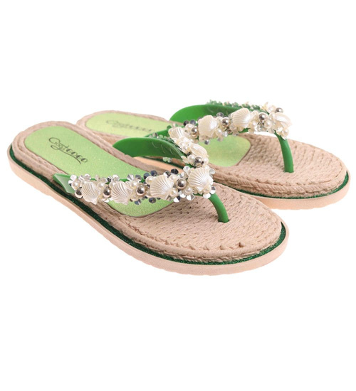 Zielone plażowe damskie klapki japonki z muszelkami /F6-2 17876 T088/