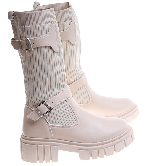 Niskie beżowe kozaki damskie na platformie z elastyczną cholewką /E1-1 16819 G388 +H2/