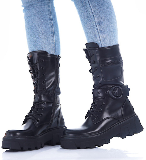 Wiązane glany trapery na platformie Czarne /B3-1 17018 T312/