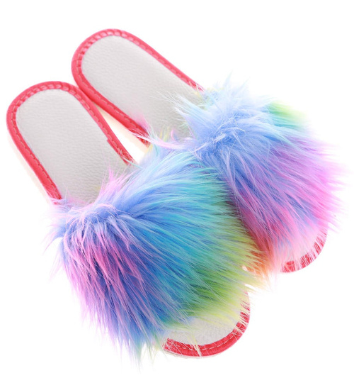 Tęczowe klapki damskie z futerkiem /A3-1 16396 S291/